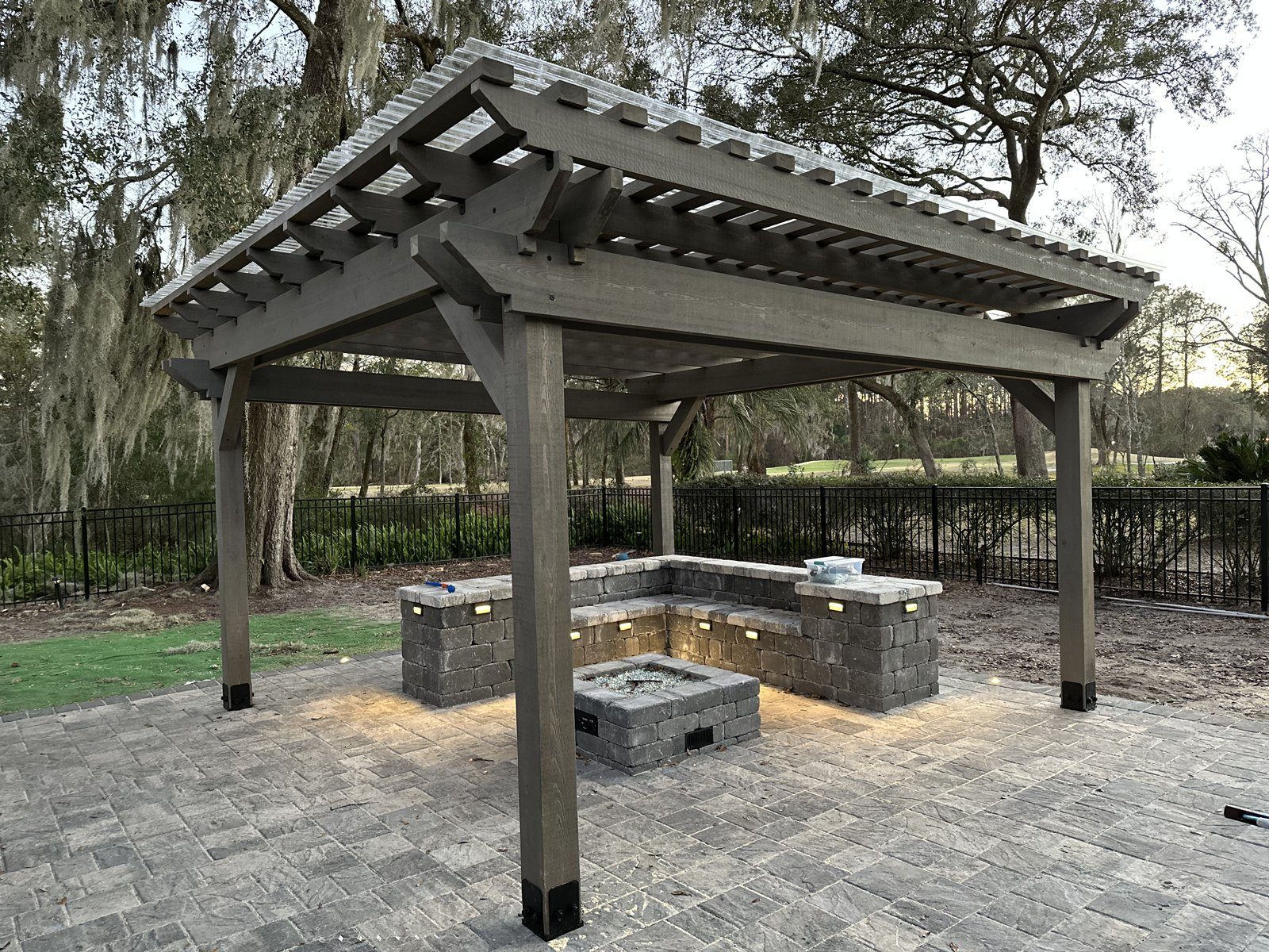 Pergola · L-Shaped Stone Bench & Fire Pit