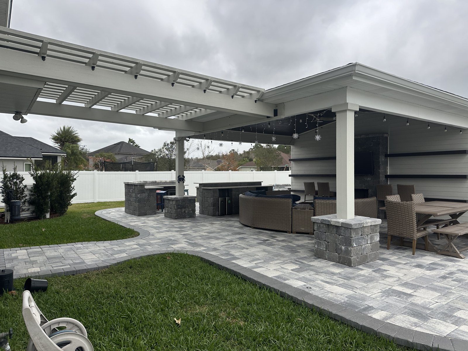 Pavilion + Pergola · Fireplace & Kitchen